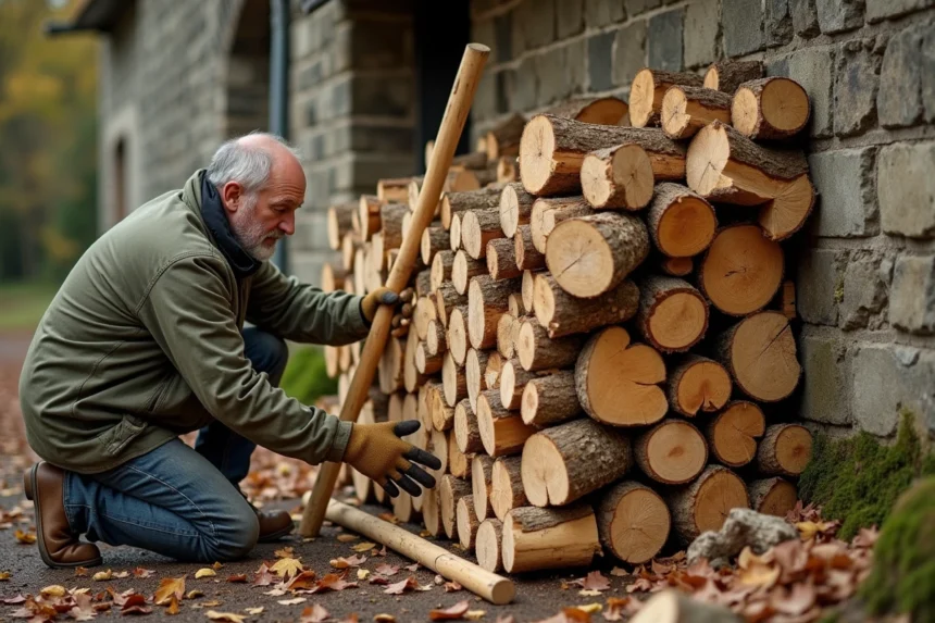 Homme empilant des bûches en stère dans une cour de ferme française en automne, avec une pile de bois mesurant un mètre cube contre un mur en pierre