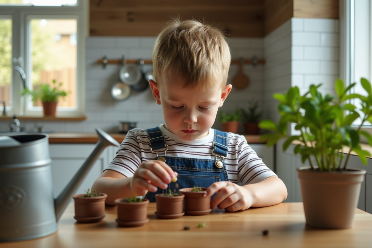 Jeune garçon plantant des graines dans des pots en intérieur