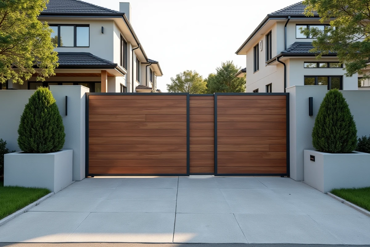 Entrée principale d'une propriété privée haut de gamme avec portail composite aluminium, allée en résine liée et topiaires symétriques en buis