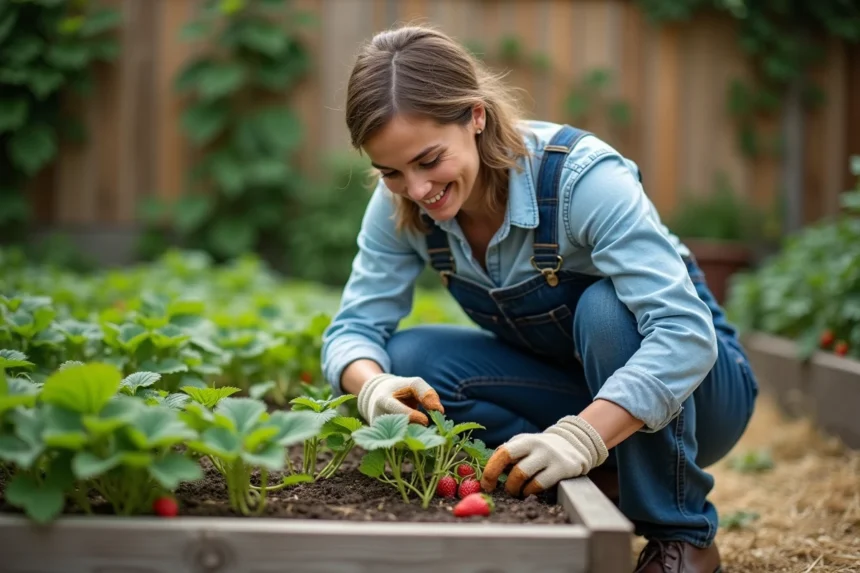 Femme qui entretient des fraisiers en pleine terre dans un jardin écologique avec du paillis de paille