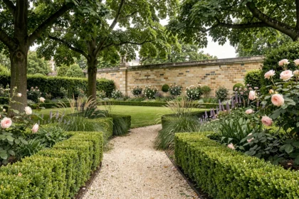 Jardin entretenu en Île-de-France avec haies taillées, allée de gravier et parterres fleuris
