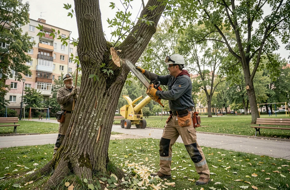 Équipe d'élagueurs abattant un arbre dans un parc municipal dans le cadre d'un programme d'aide publique