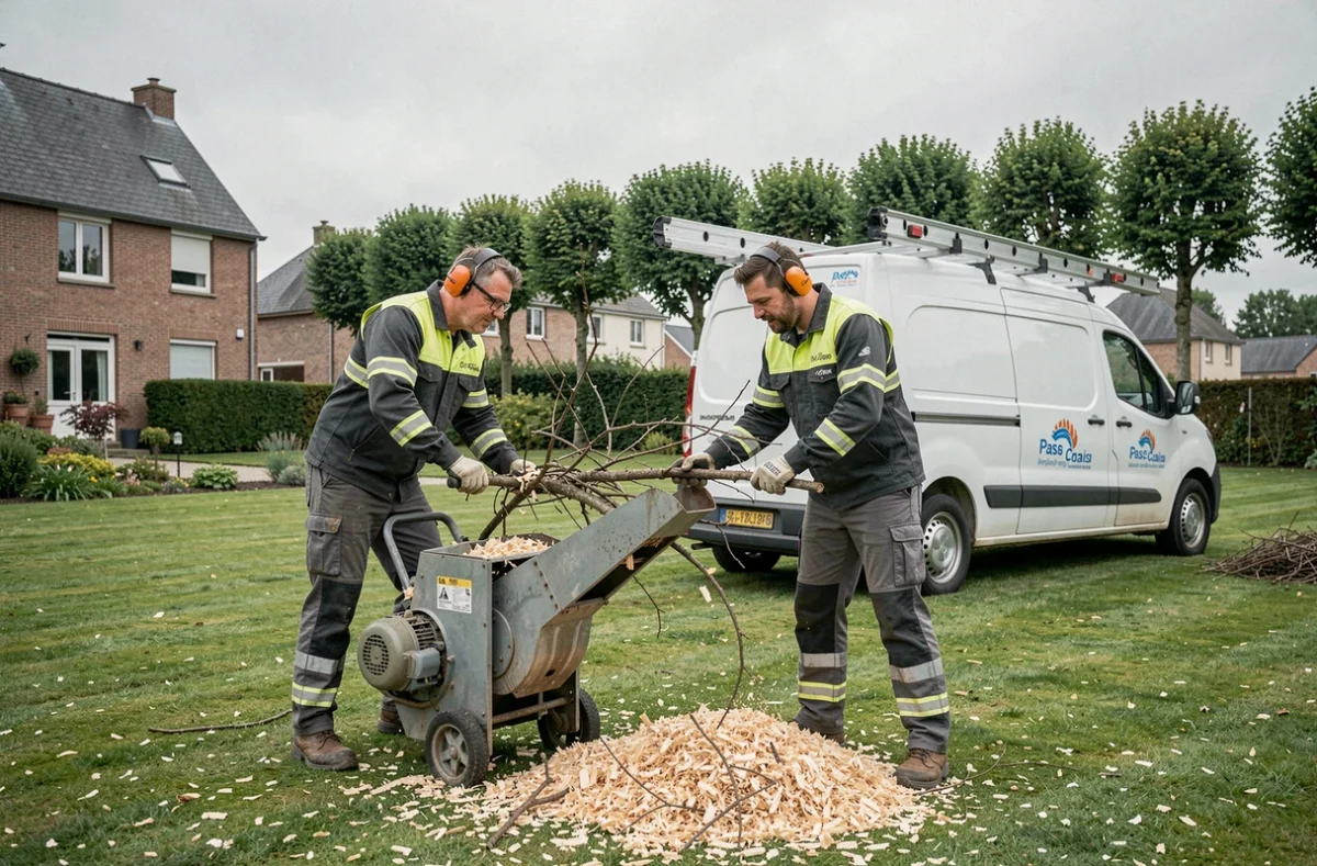 Équipe de deux élagueurs utilisant un broyeur de branches dans un jardin résidentiel du Pas-de-Calais