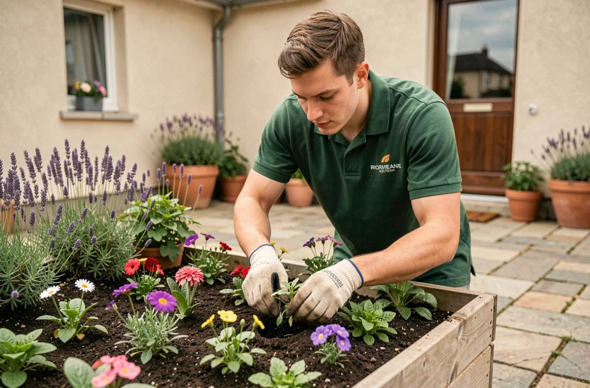 E.S.A.T Avsea : jeune travailleur en situation de handicap plantant des fleurs dans un jardin résidentiel lorrain