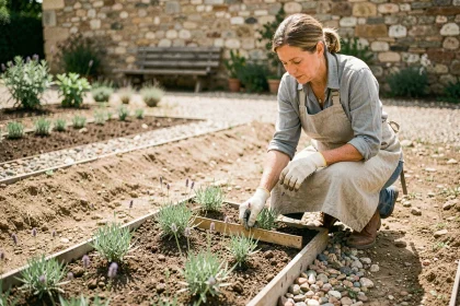 Jardinière mesurant l'espacement entre les plants de lavande dans un jardin provençal en plein air