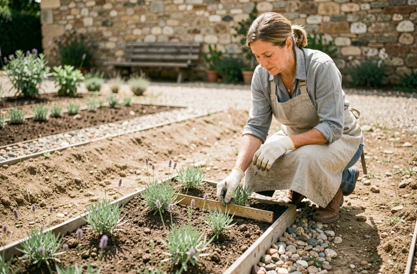Jardinière mesurant l'espacement entre les plants de lavande dans un jardin provençal en plein air