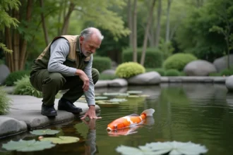 Homme évaluant des carpes koï dans un bassin de jardin japonais avant un achat