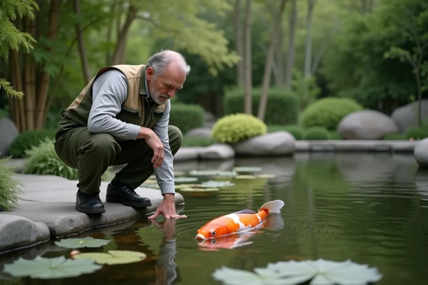 Homme évaluant des carpes koï dans un bassin de jardin japonais avant un achat