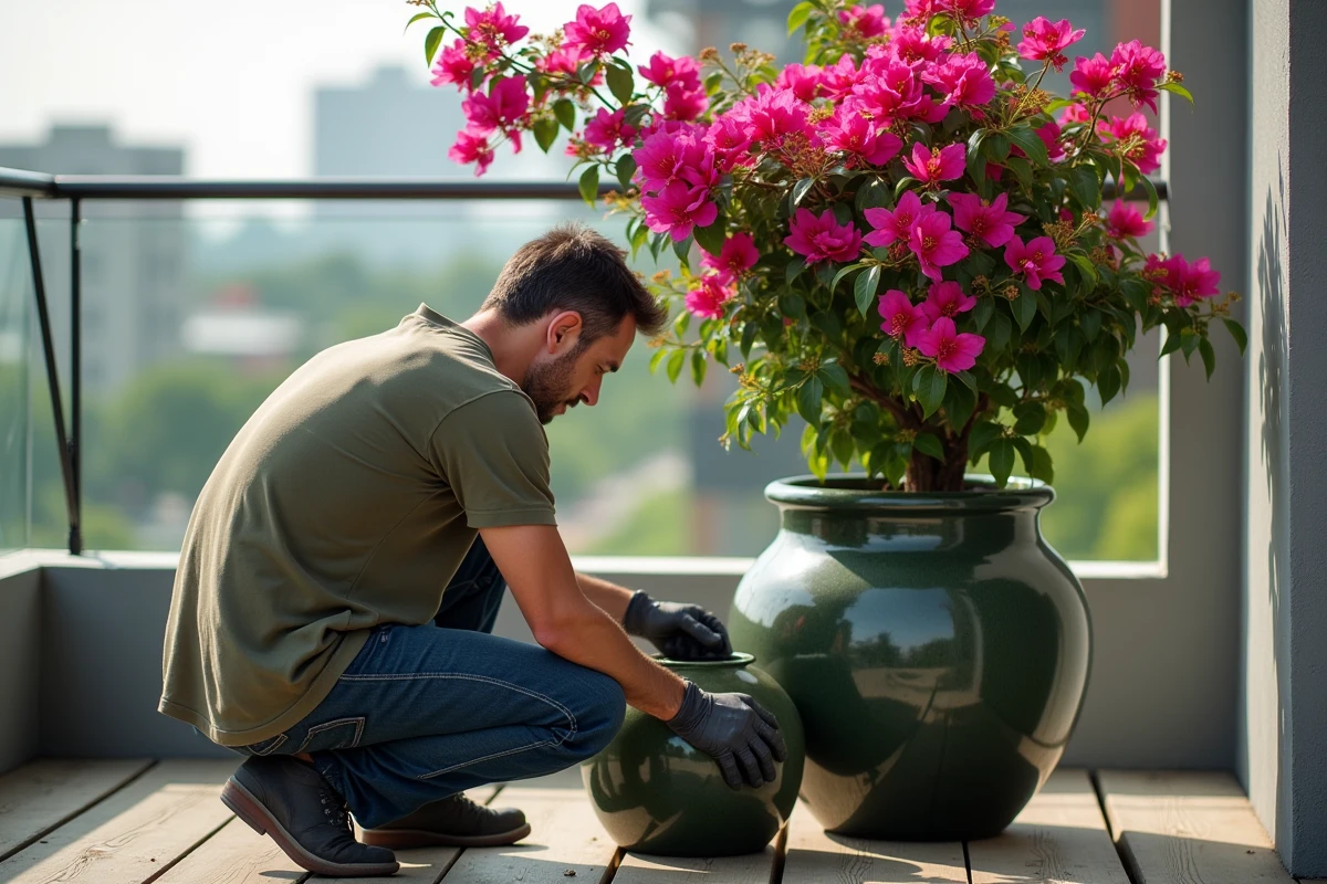 Homme examinant le pot d'un bougainvillier en fleurs sur un balcon urbain, vérifiant si la plante nécessite un rempotage