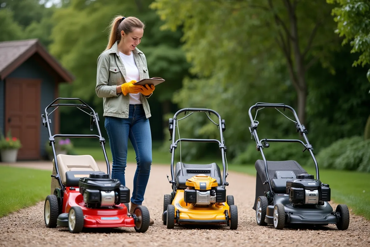 Femme experte note des moteurs de tondeuse dans le jardin