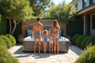 Famille de quatre près d'un spa extérieur moderne