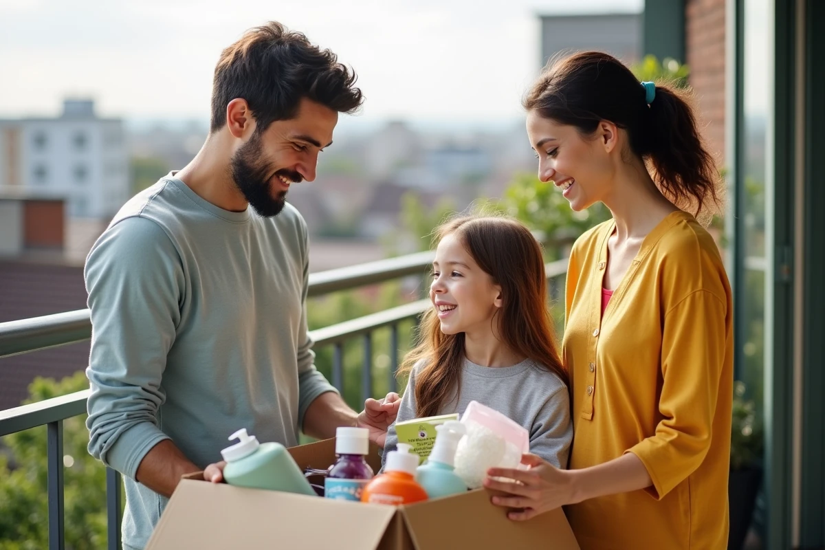 Famille avec produits réutilisables sur un balcon ensoleillé