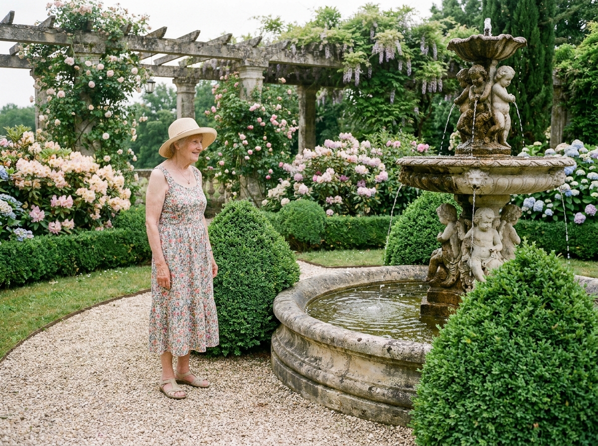 Femme âgée admirant une fontaine dans un jardin fleuri
