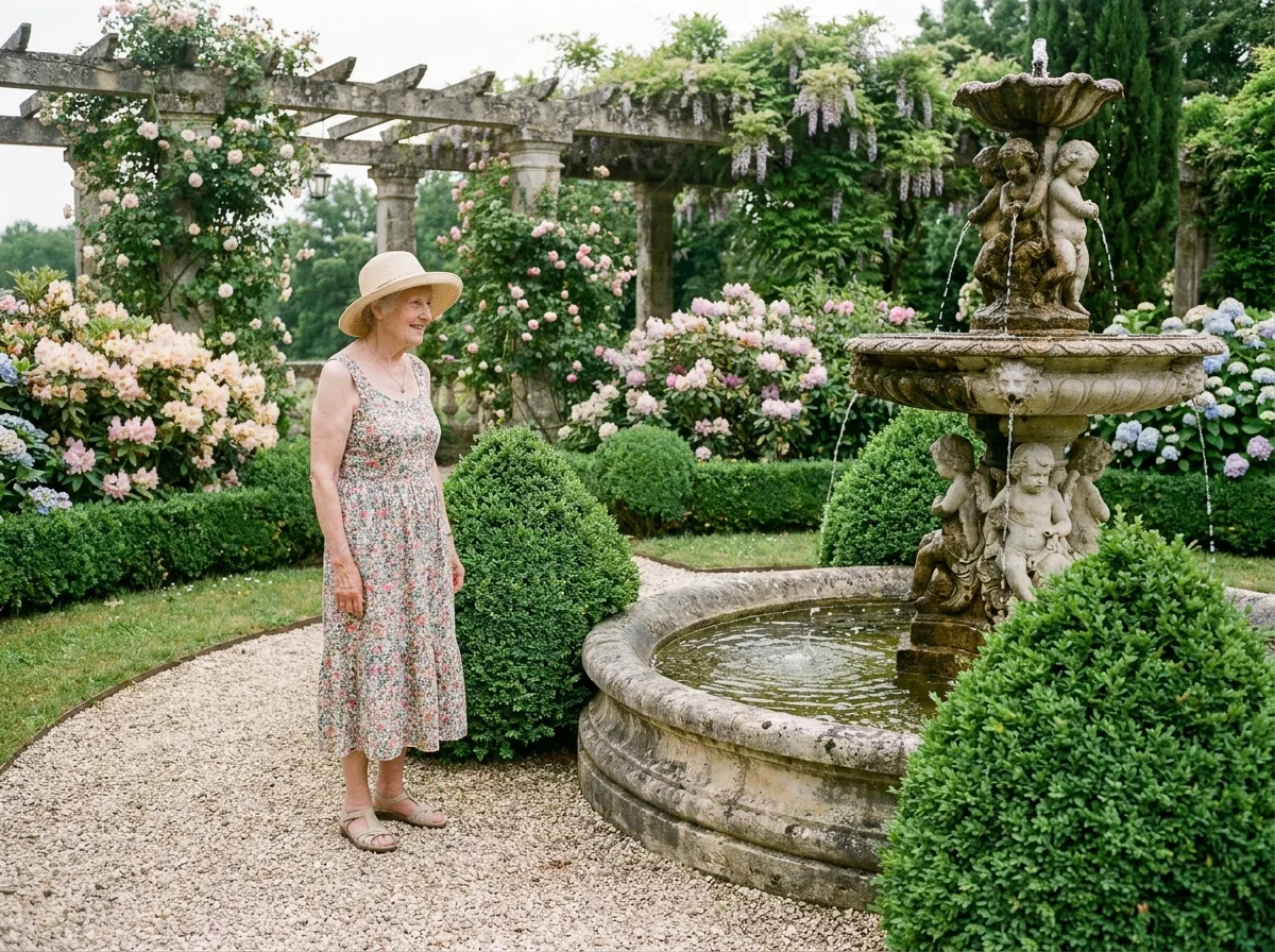Femme âgée admirant une fontaine dans un jardin fleuri