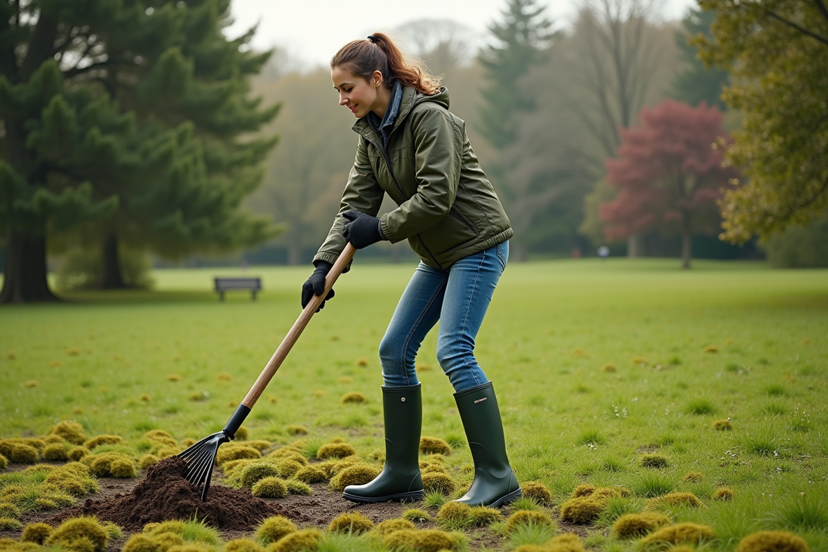 Jeune femme utilisant un râteau pour aérer la pelouse mousseuse