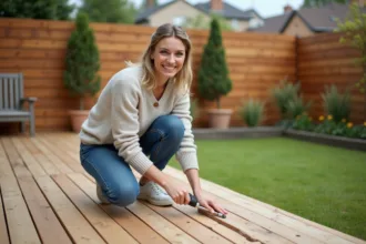 Femme posant sur un deck en bois en construction dans un jardin