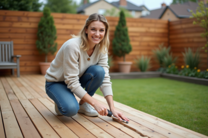 Femme posant sur un deck en bois en construction dans un jardin