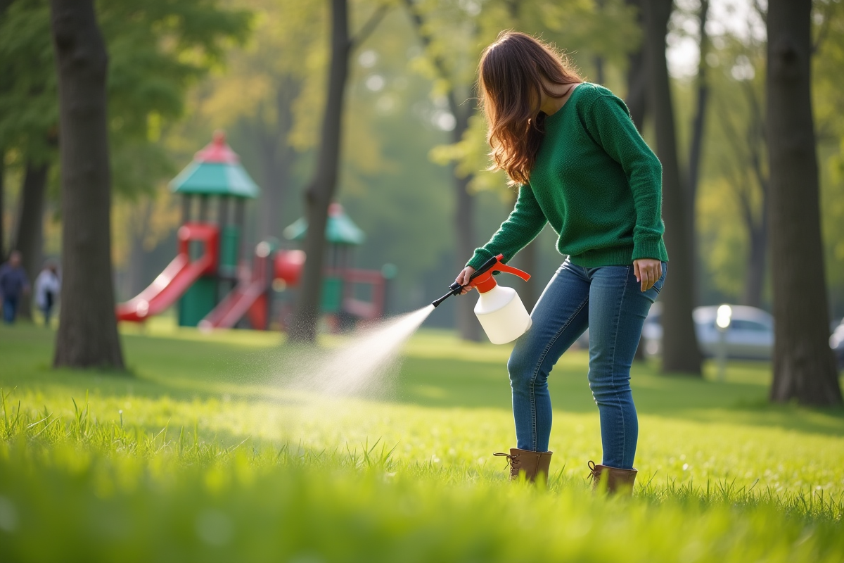 Jeune femme applique une solution naturelle sur la pelouse