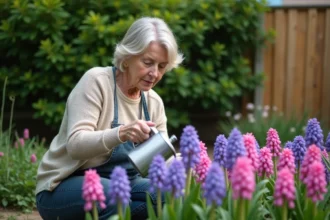Femme arrosant des hyacinths dans un jardin verdoyant