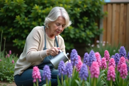 Femme arrosant des hyacinths dans un jardin verdoyant