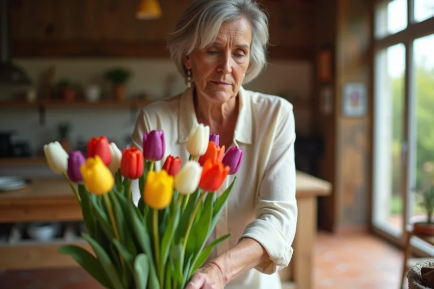 Femme arrangeant un bouquet de tulipes colorées sur une table en bois, illustrant la signification des couleurs de tulipes