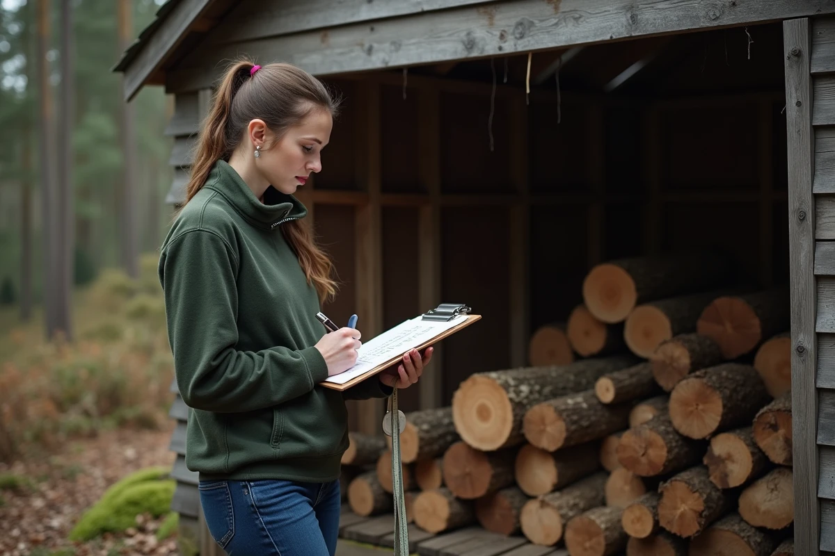Femme comparant un stère de bois et un tas de bûches non triées dans un abri à bois, avec un presse-papiers pour le calcul du volume réel