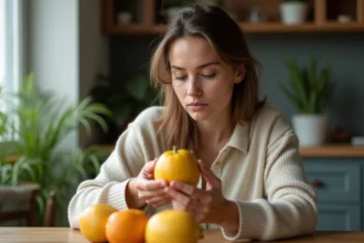 Femme examinant un fruit ceriman dans la cuisine chaleureuse