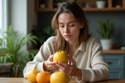 Femme examinant un fruit ceriman dans la cuisine chaleureuse