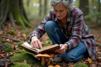 Femme française examine des morilles dans la forêt automnale