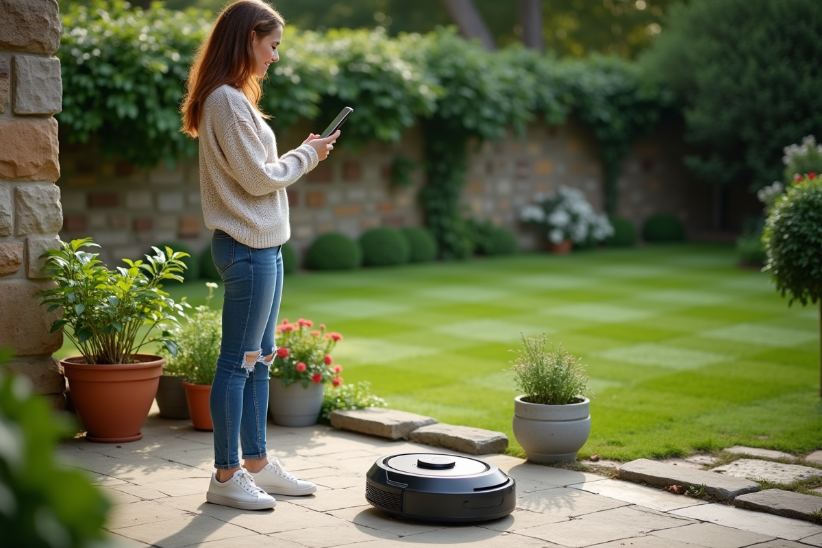 Jeune femme contrôlant une tondeuse robot avec une application mobile