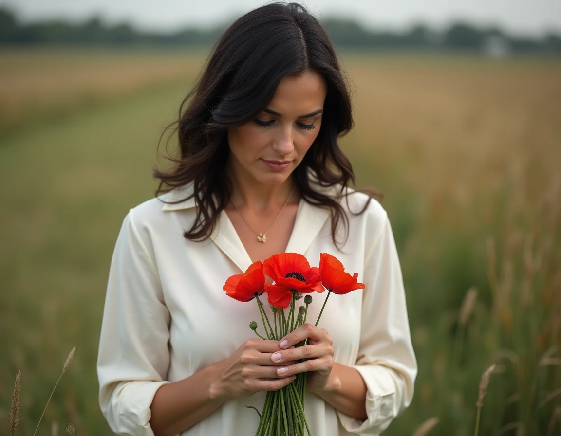 Femme tenant des coquelicots rouges et un pavot dans une prairie naturelle, illustrant la différence symbolique entre les deux fleurs
