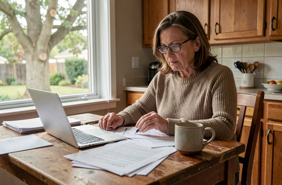 Femme étudiant des documents administratifs pour obtenir une aide financière à l'abattage d'un arbre