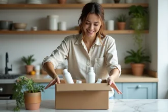 Femme ouvrant une boîte de produits zéro déchet dans la cuisine
