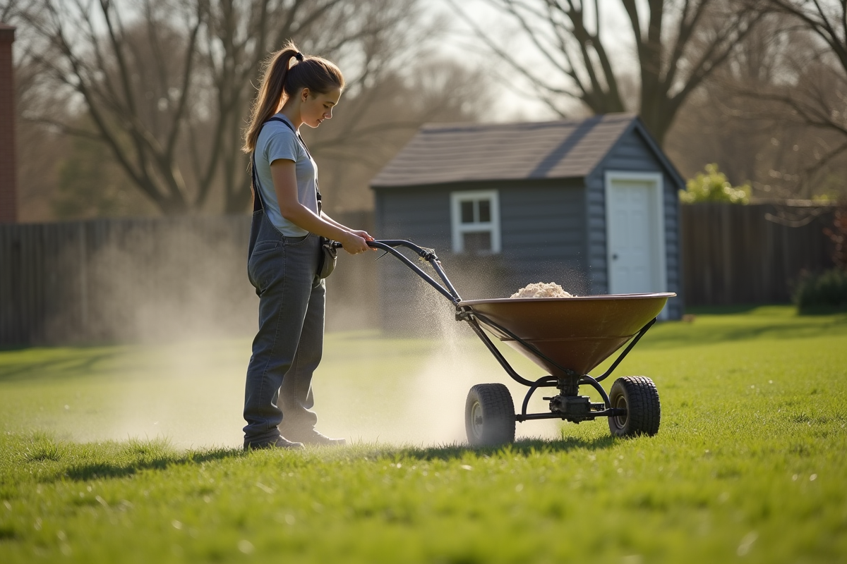 Jeune femme utilisant un épandeur pour la chaux dans le jardin