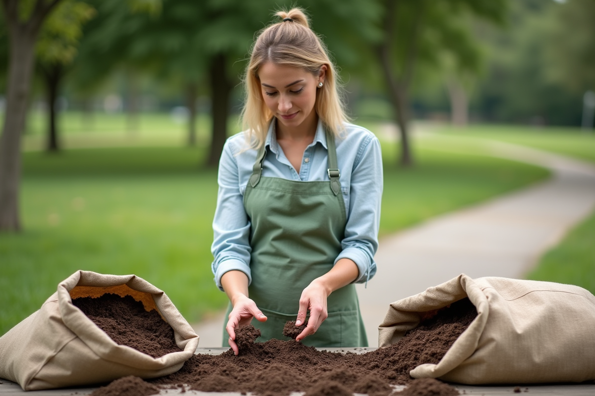 Jeune femme compare différents types de sols en extérieur