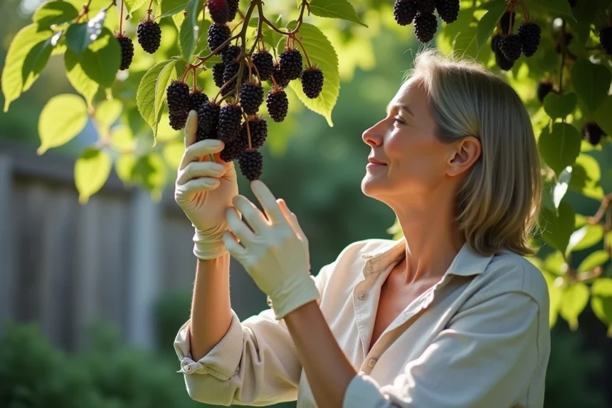 Femme examinant des fruits mûrs du mûrier platane dans un jardin pour vérifier leur comestibilité