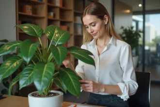 Femme dans son bureau arrosant un ficus vert