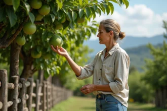 Femme inspectant des fruits de guava dans un jardin