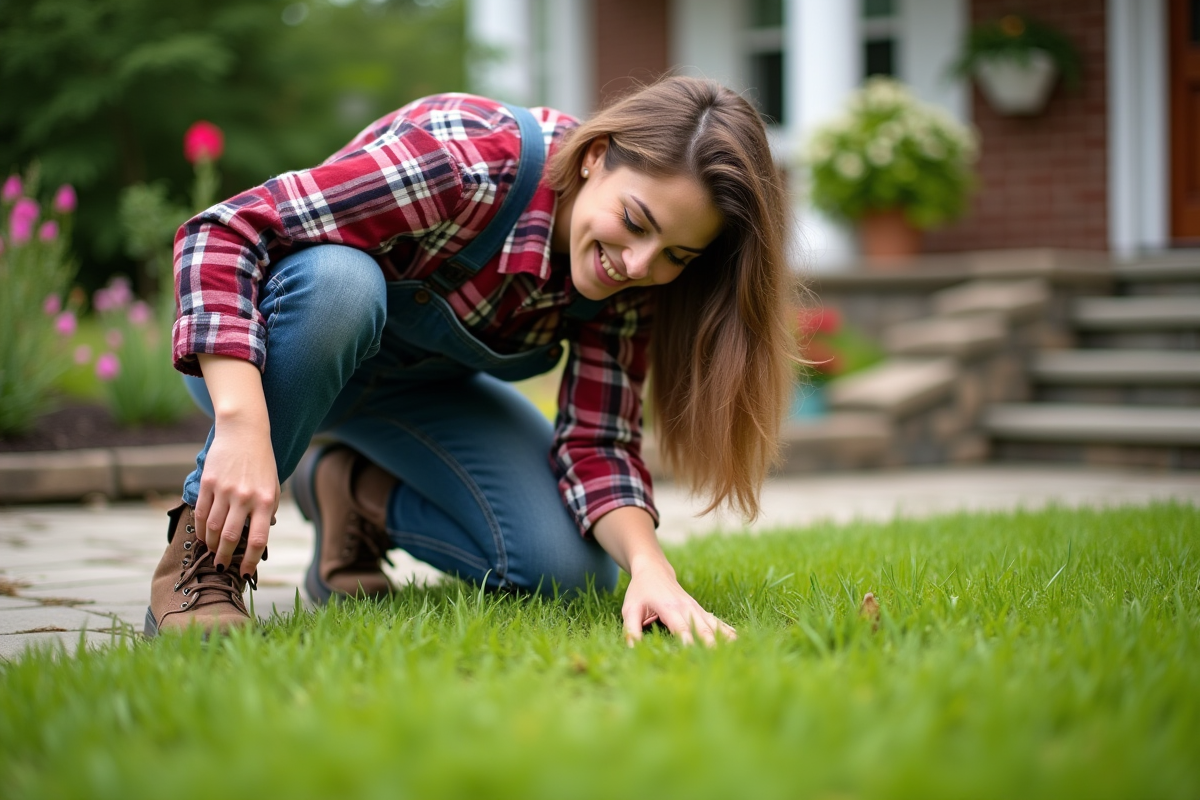 Jeune femme en overalls inspectant la pelouse aerée