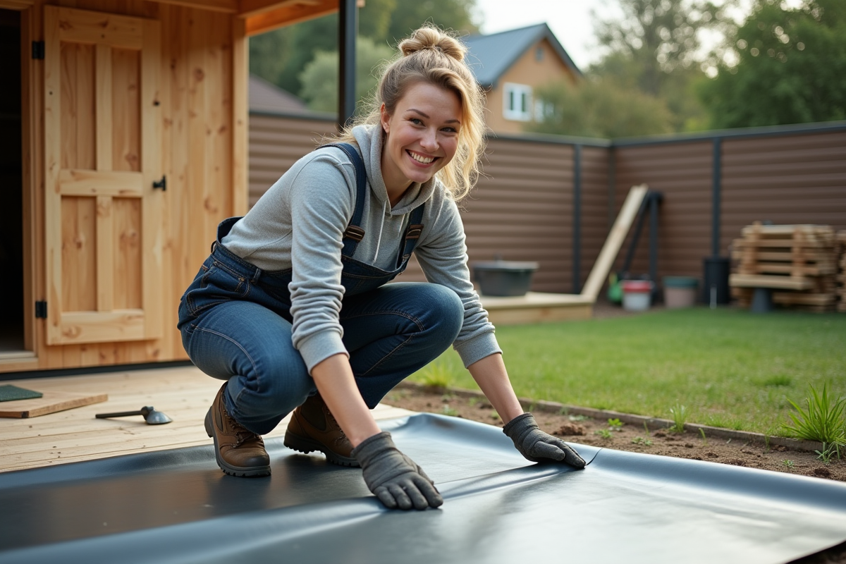 Femme en salopette posant une membrane étanche sur un abri de jardin