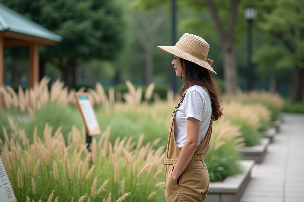 Jeune femme en salopette dans un jardin botanique observant des herbes