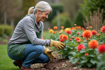 Femme au jardin inspectant des dahlias en pleine floraison