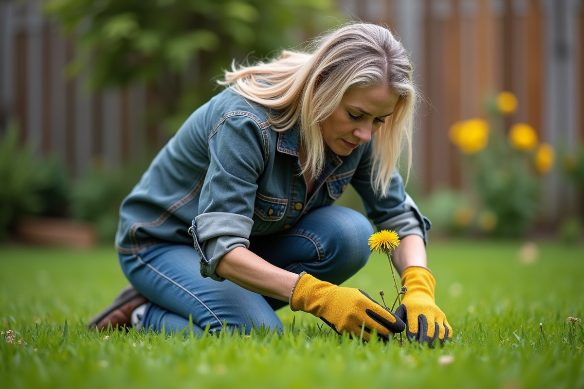 Femme en jardinage en train d'arracher des pissenlits à la main
