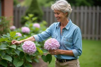 Femme d'âge moyen touchant une hydrangea en jardin