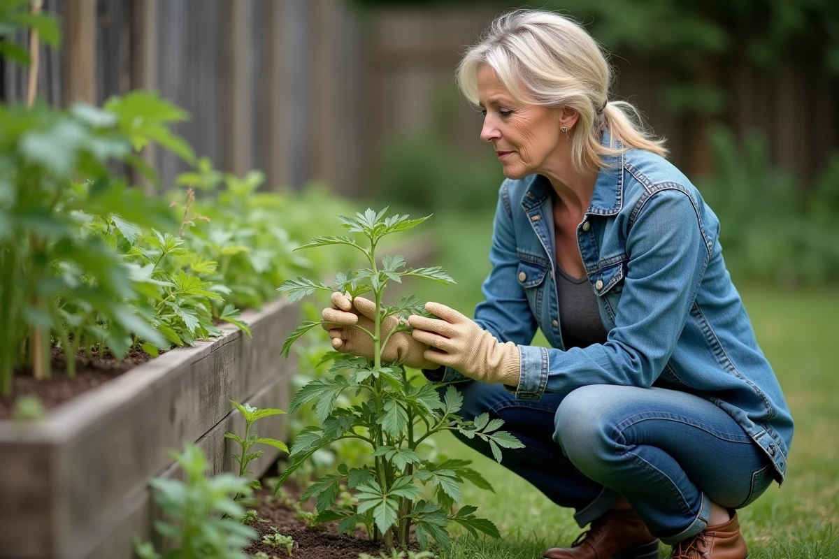 Femme au jardin examine des feuilles de tomate avec souci
