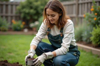 Femme dans son jardin récoltant un échantillon de sol