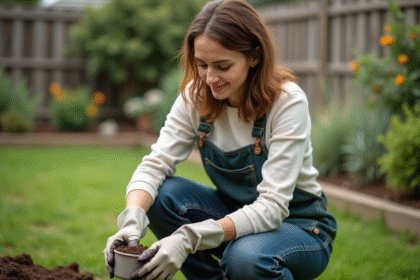 Femme dans son jardin récoltant un échantillon de sol