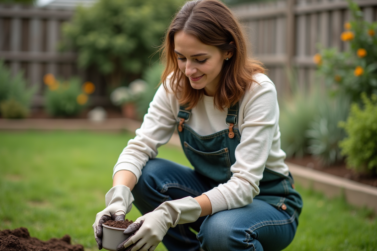 Femme dans son jardin récoltant un échantillon de sol