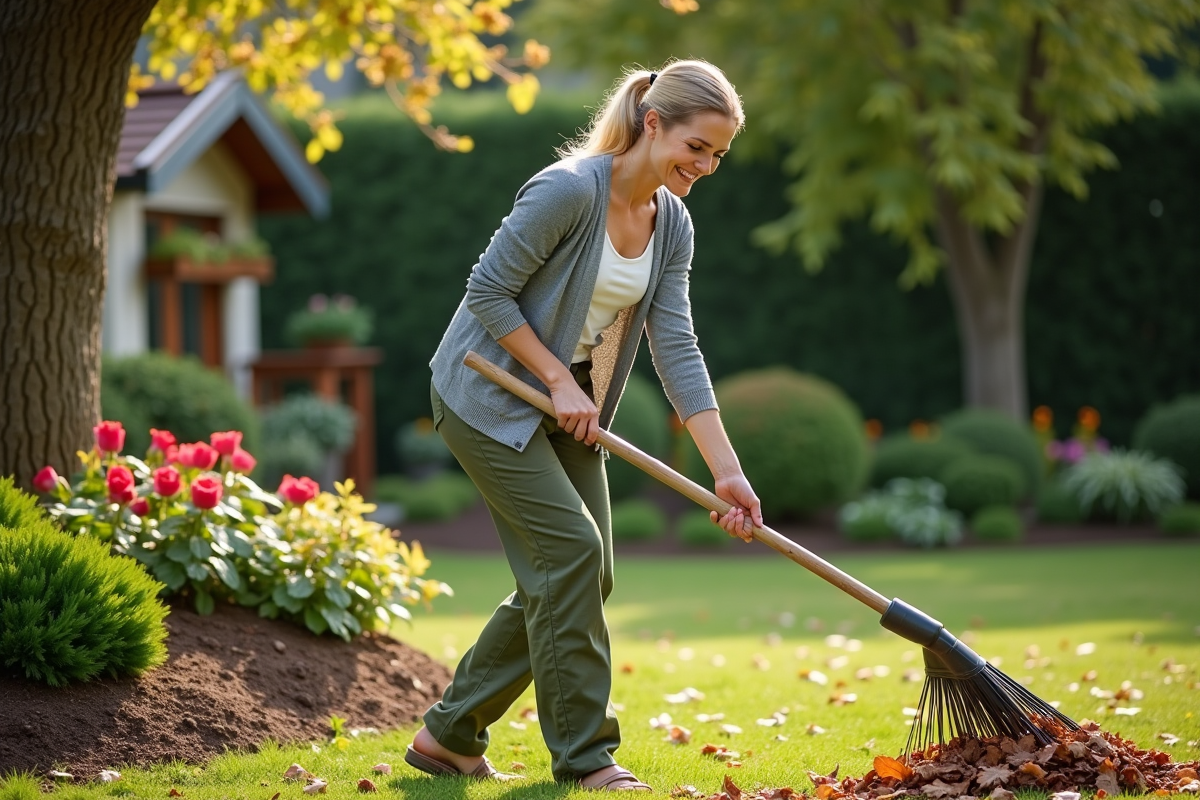 Femme souriante en jardinage ratisse des feuilles dans le jardin