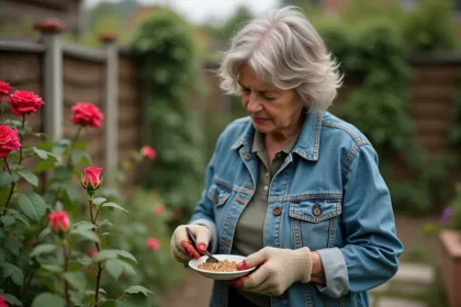 Femme dans son jardin récoltant des graines de rosier